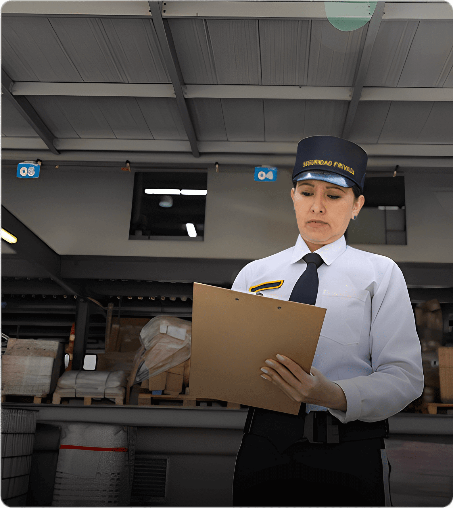 Security officer holding clipboard in warehouse.