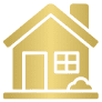 Gold house icon on black background.
