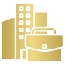 Gold briefcase and buildings icon.