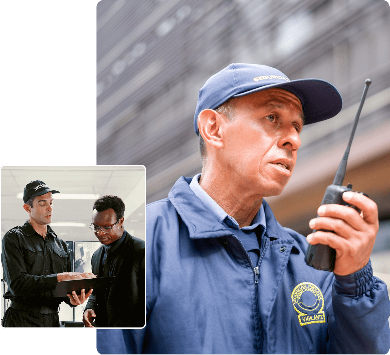 Security guard using walkie-talkie, discussing with colleague.