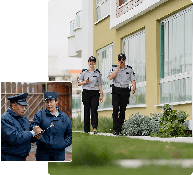 Security guards patrolling and discussing outside building.