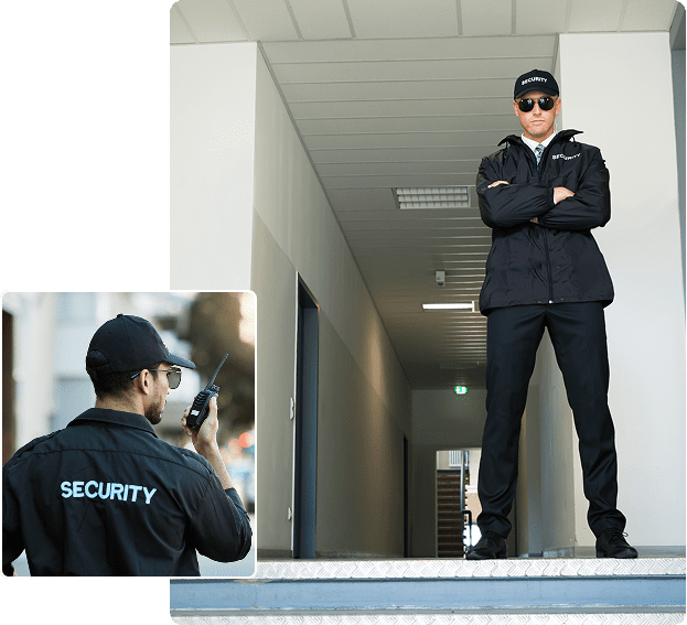 Security guard standing and using radio.