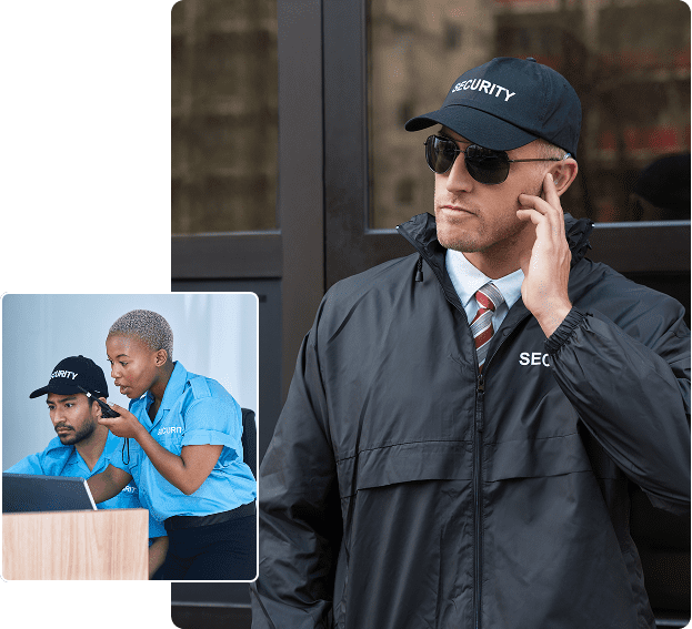 Security personnel monitoring and communicating attentively.