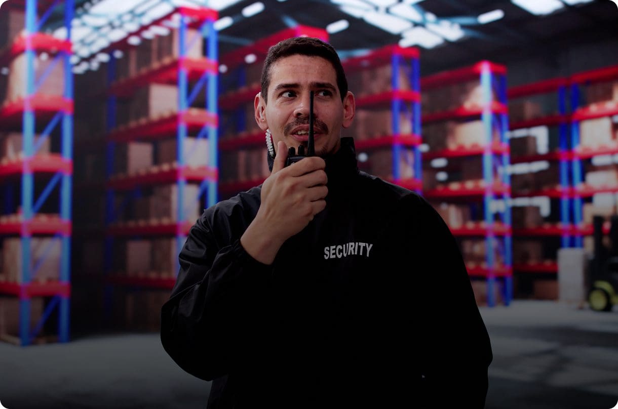 Security guard with walkie-talkie in warehouse.
