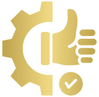 Gold gear and thumbs-up with checkmark.