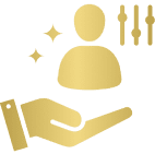 Gold icon: hand, person, settings sliders.