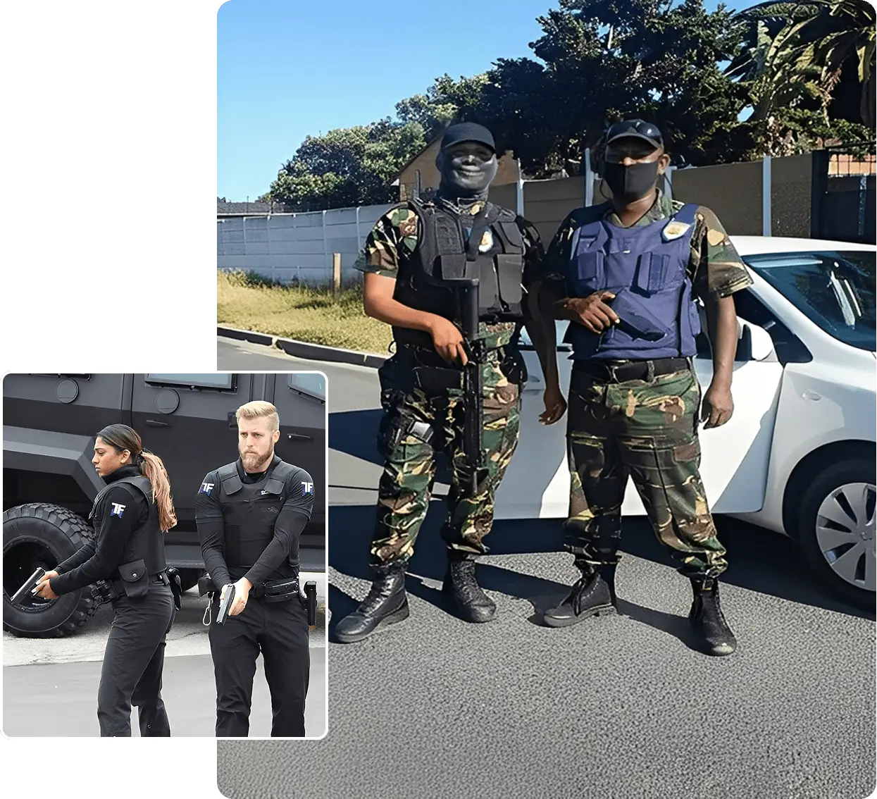 Security personnel in uniform with vehicle.